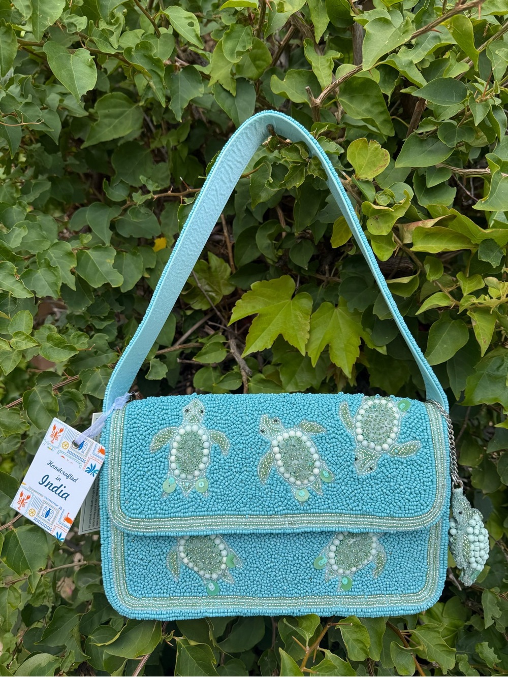 NWT Made in India Turtle Blue Embellished Beaded Shoulder Bag with Turtle Charm